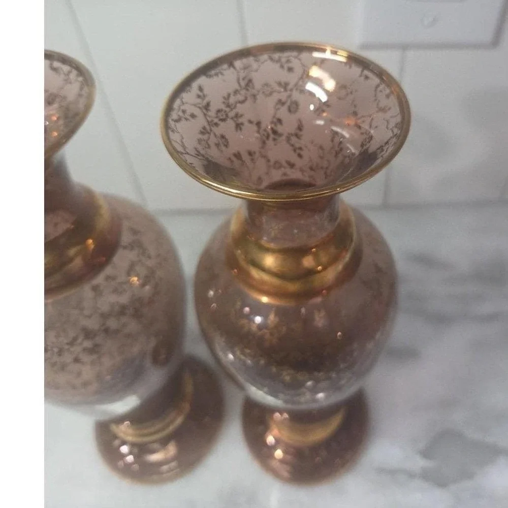 Vecchia Murano Cranberry Gold Vases, Set of 2, Vintage Signed Italian Art Glass‎